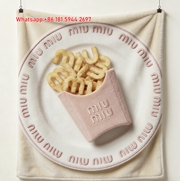 Luxury Miu Miu Blush Pink & Golden French Fry Print Flannel Sofa Throw Blanket - Logo Plate Design IMG_0513